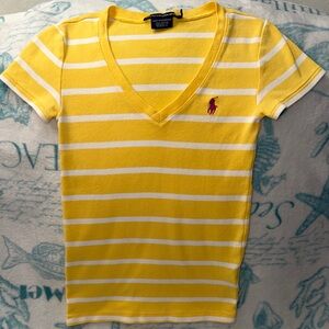 5️⃣ FOR 2️⃣0️⃣ SALE 🏷️ Ralph Lauren Sport Yellow Striped V-Neck T-Shirt Size XS